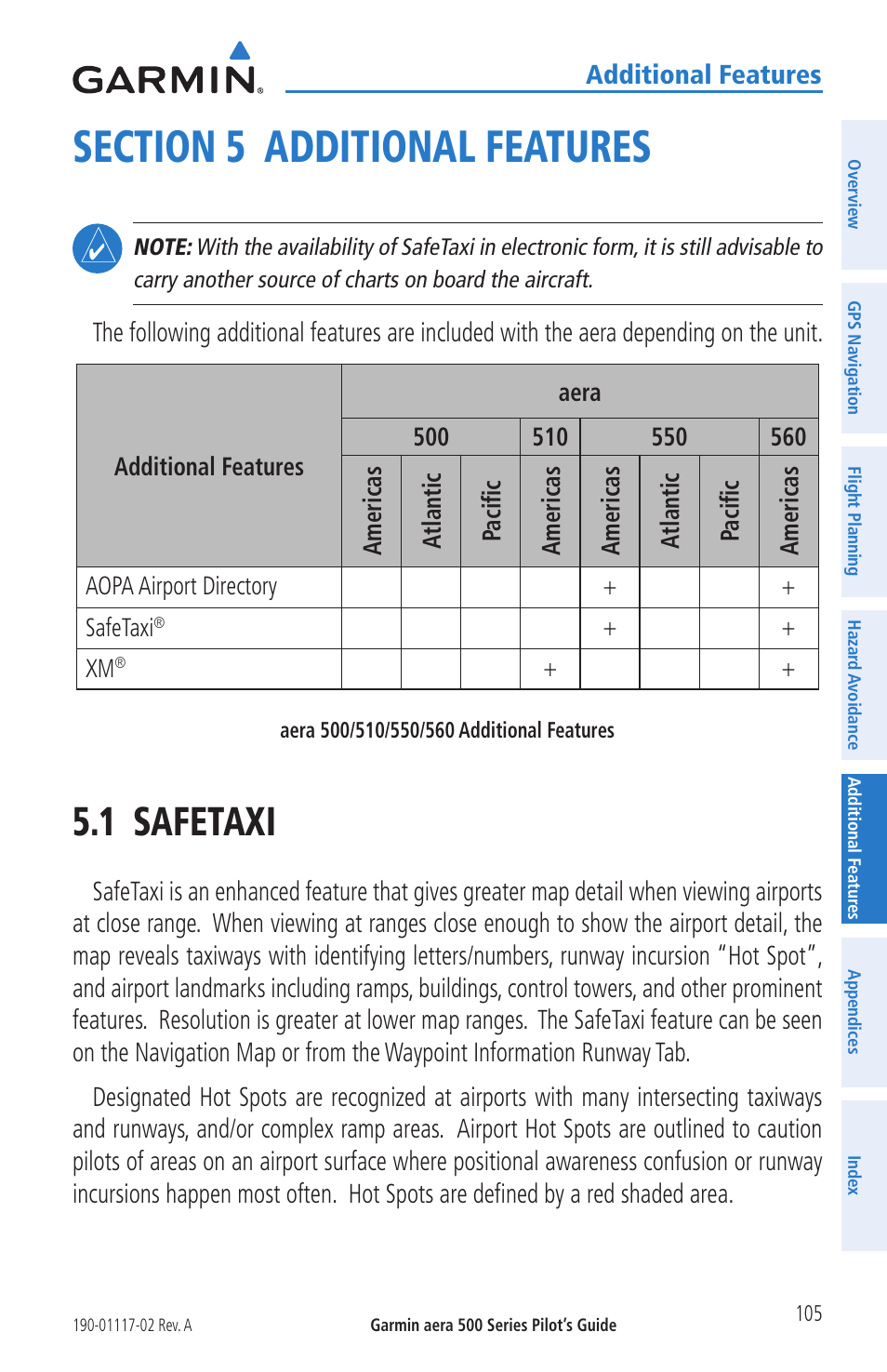 Section 5 additional features, 1 safetaxi | Garmin aera 500 User Manual | Page 117 / 202