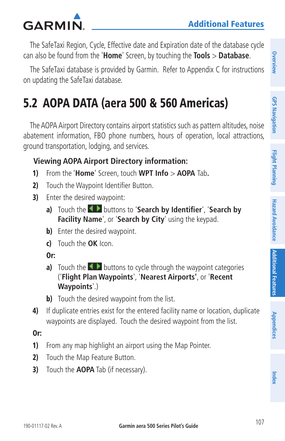 2 aopa data (aera 500 & 560 americas), Additional features | Garmin aera 500 User Manual | Page 119 / 202