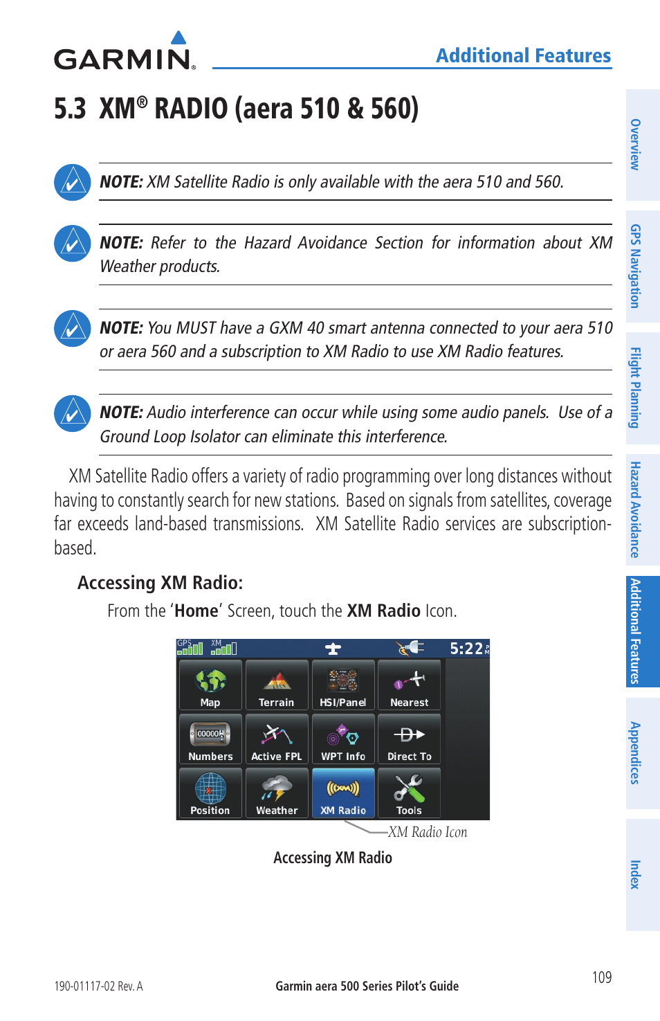 3 xm® radio (aera 510 & 560), 3 xm, Radio (aera 510 & 560) | Additional features | Garmin aera 500 User Manual | Page 121 / 202