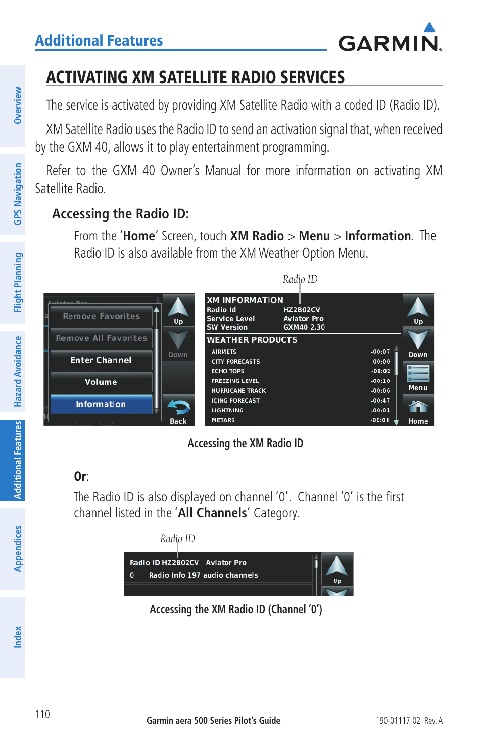 Activating xm satellite radio services, Additional features | Garmin aera 500 User Manual | Page 122 / 202