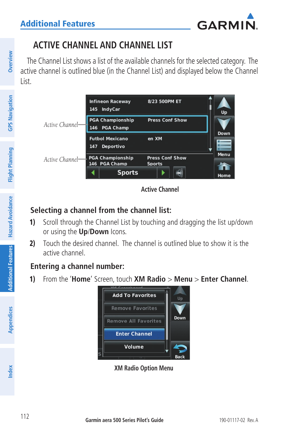 Active channel and channel list, Additional features, Selecting a channel from the channel list | Entering a channel number | Garmin aera 500 User Manual | Page 124 / 202