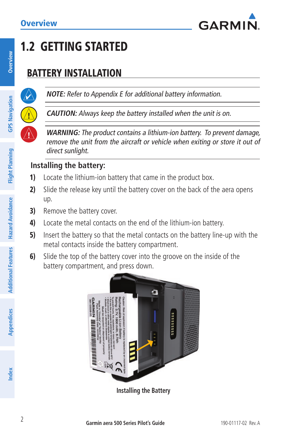 2 getting started, Battery installation, Overview | Garmin aera 500 User Manual | Page 14 / 202