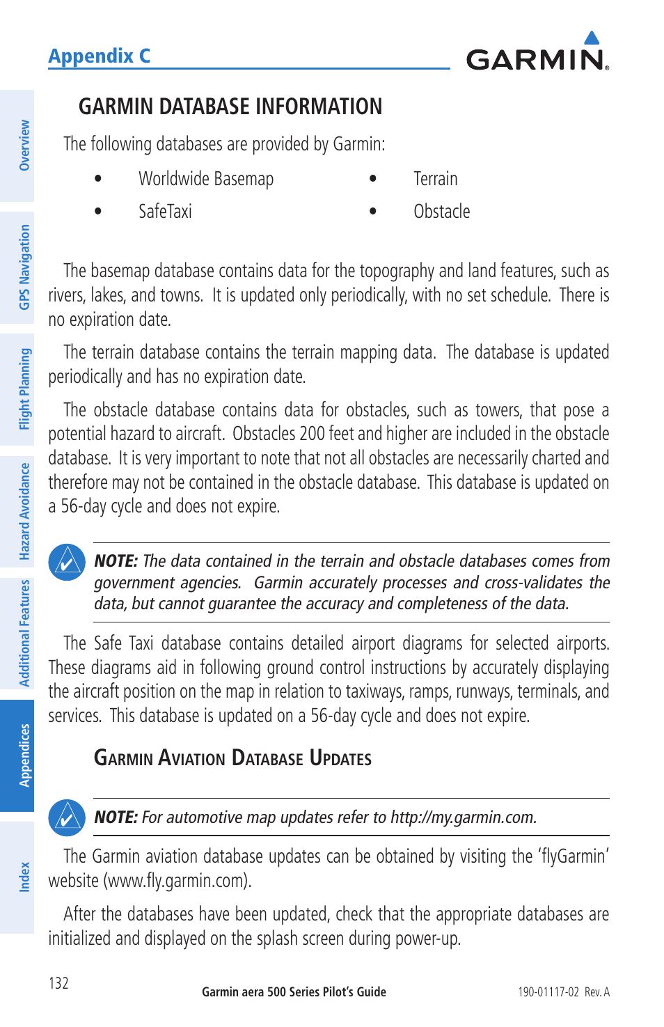 Garmin database information | Garmin aera 500 User Manual | Page 144 / 202