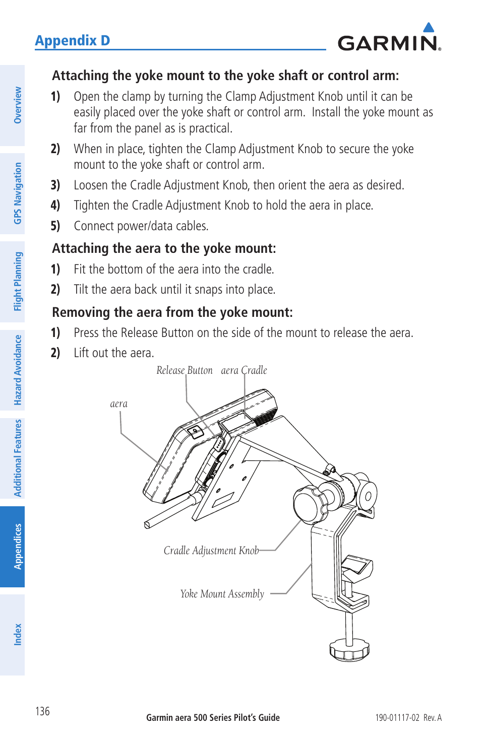 Appendix d, Attaching the aera to the yoke mount, Removing the aera from the yoke mount | Garmin aera 500 User Manual | Page 148 / 202