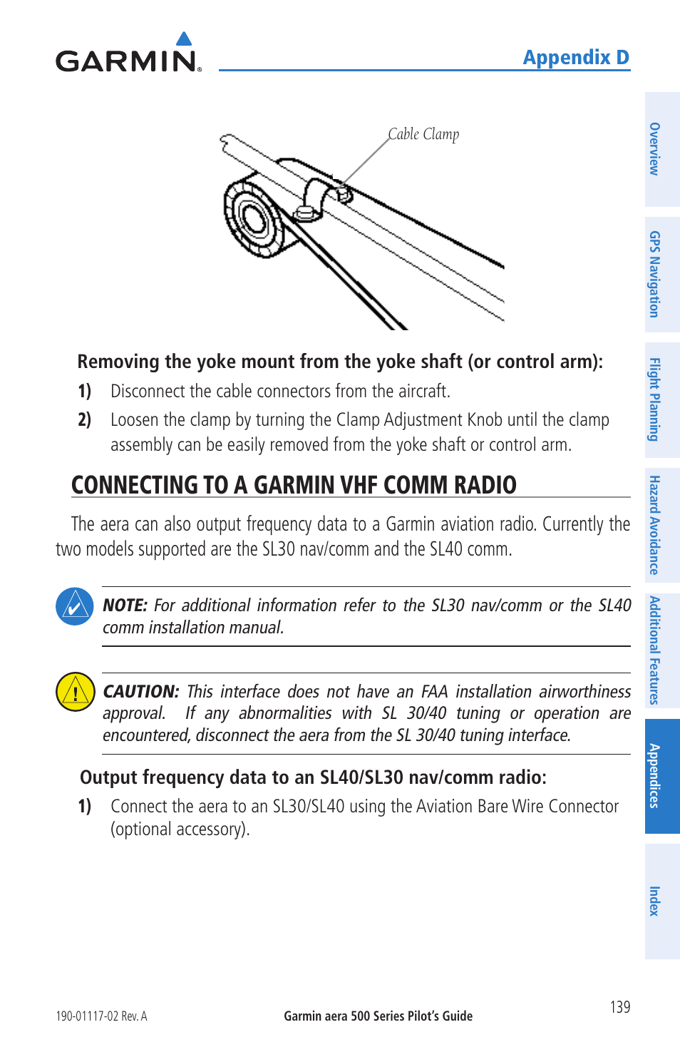 Connecting to a garmin vhf comm radio, Appendix d | Garmin aera 500 User Manual | Page 151 / 202