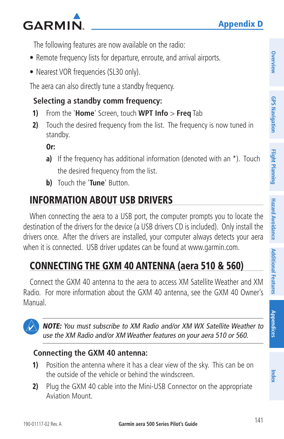 Information about usb drivers, Connecting the gxm 40 antenna (aera 510 & 560) | Garmin aera 500 User Manual | Page 153 / 202