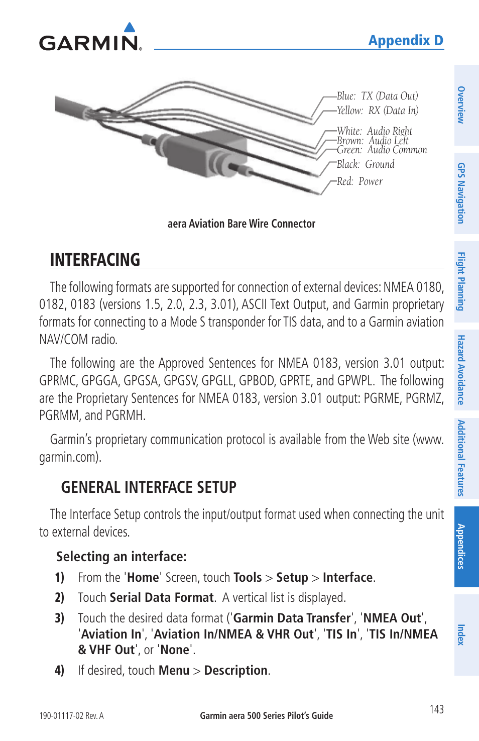 Interfacing, General interface setup, Appendix d | Garmin aera 500 User Manual | Page 155 / 202