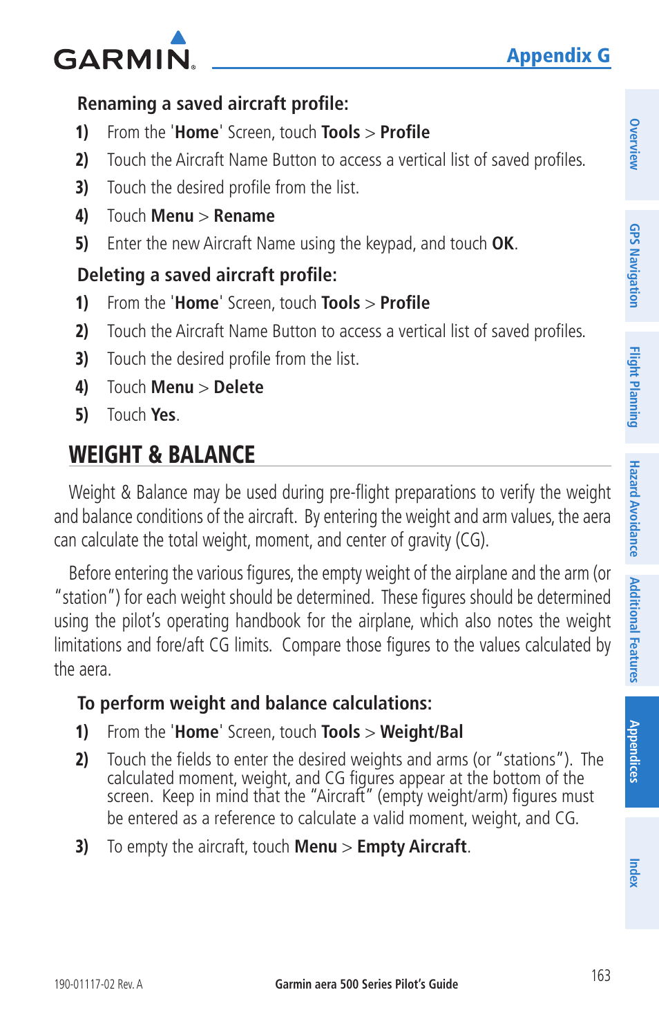 Weight & balance, Appendix g | Garmin aera 500 User Manual | Page 175 / 202