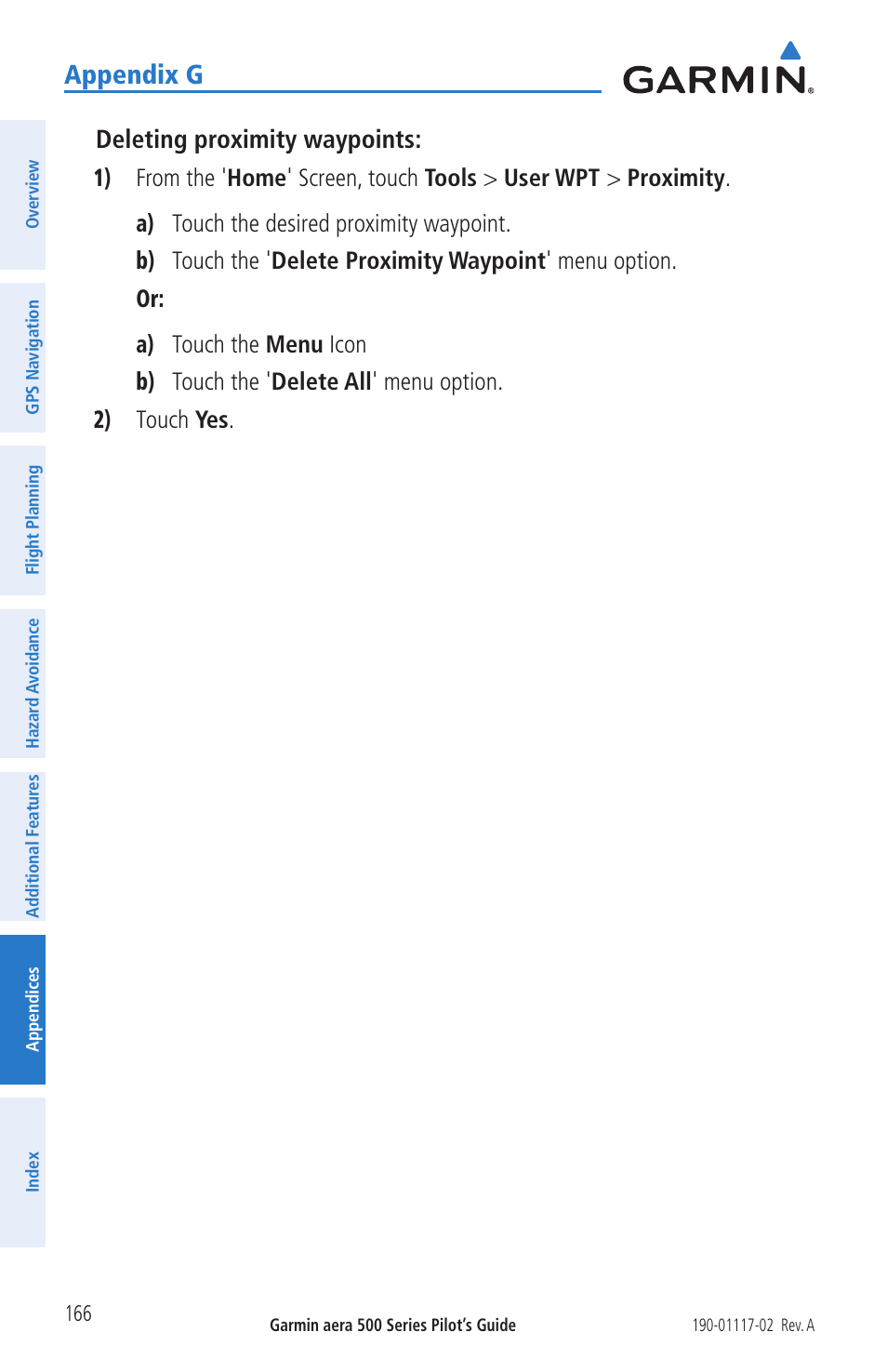 Appendix g, Deleting proximity waypoints | Garmin aera 500 User Manual | Page 178 / 202