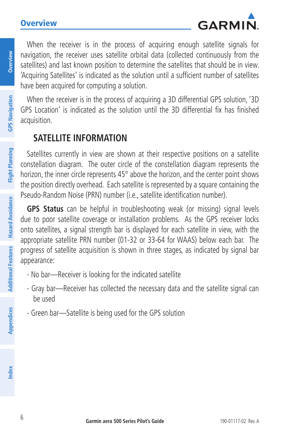 Satellite information, Overview | Garmin aera 500 User Manual | Page 18 / 202