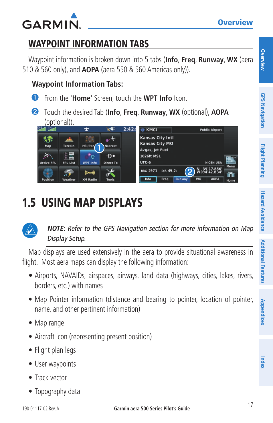 Waypoint information tabs, 5 using map displays | Garmin aera 500 User Manual | Page 29 / 202