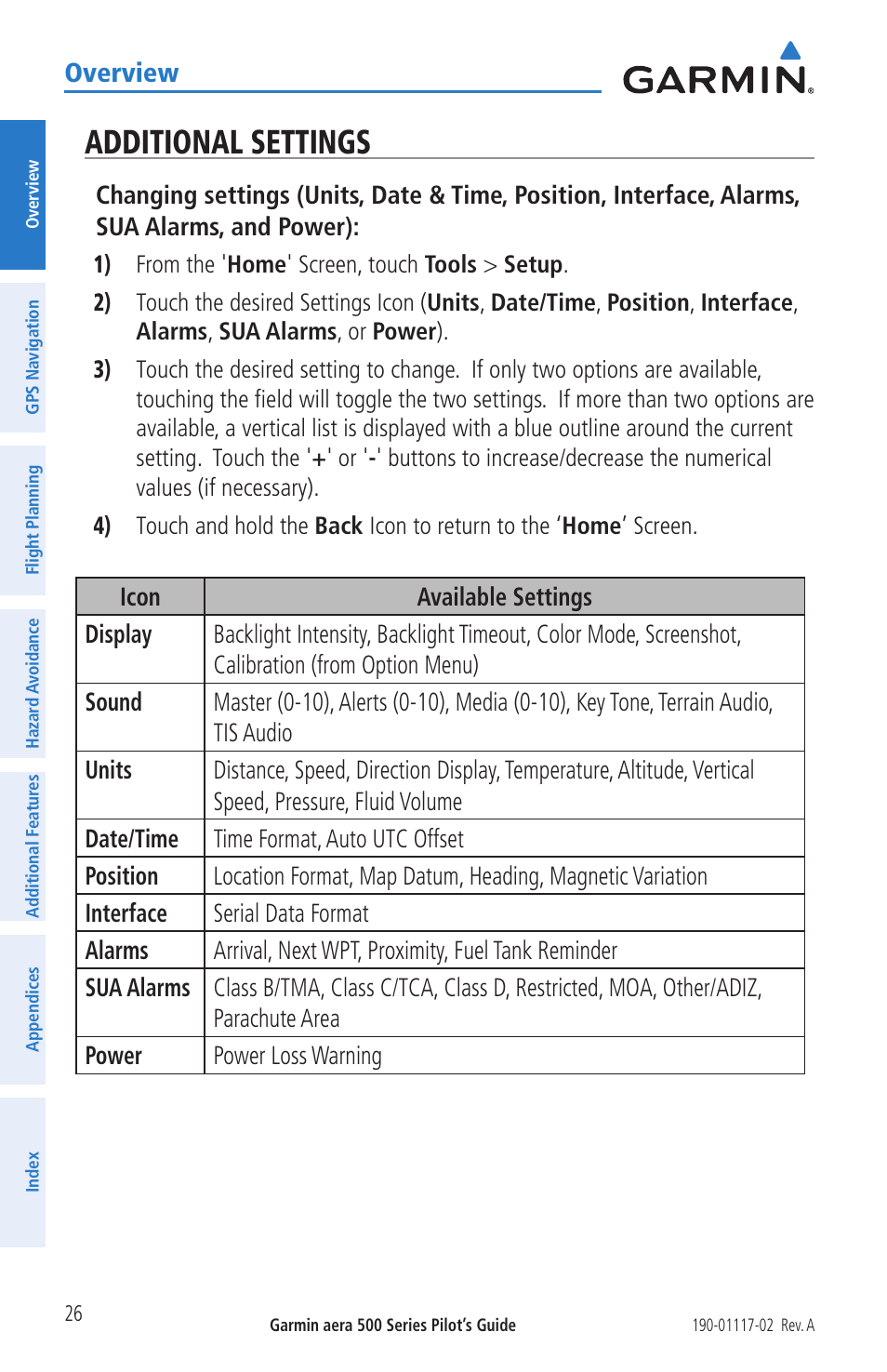 Additional settings | Garmin aera 500 User Manual | Page 38 / 202