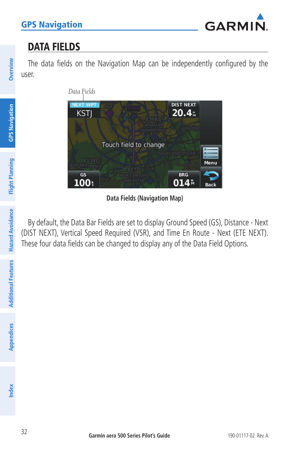 Data fields, Gps navigation | Garmin aera 500 User Manual | Page 44 / 202