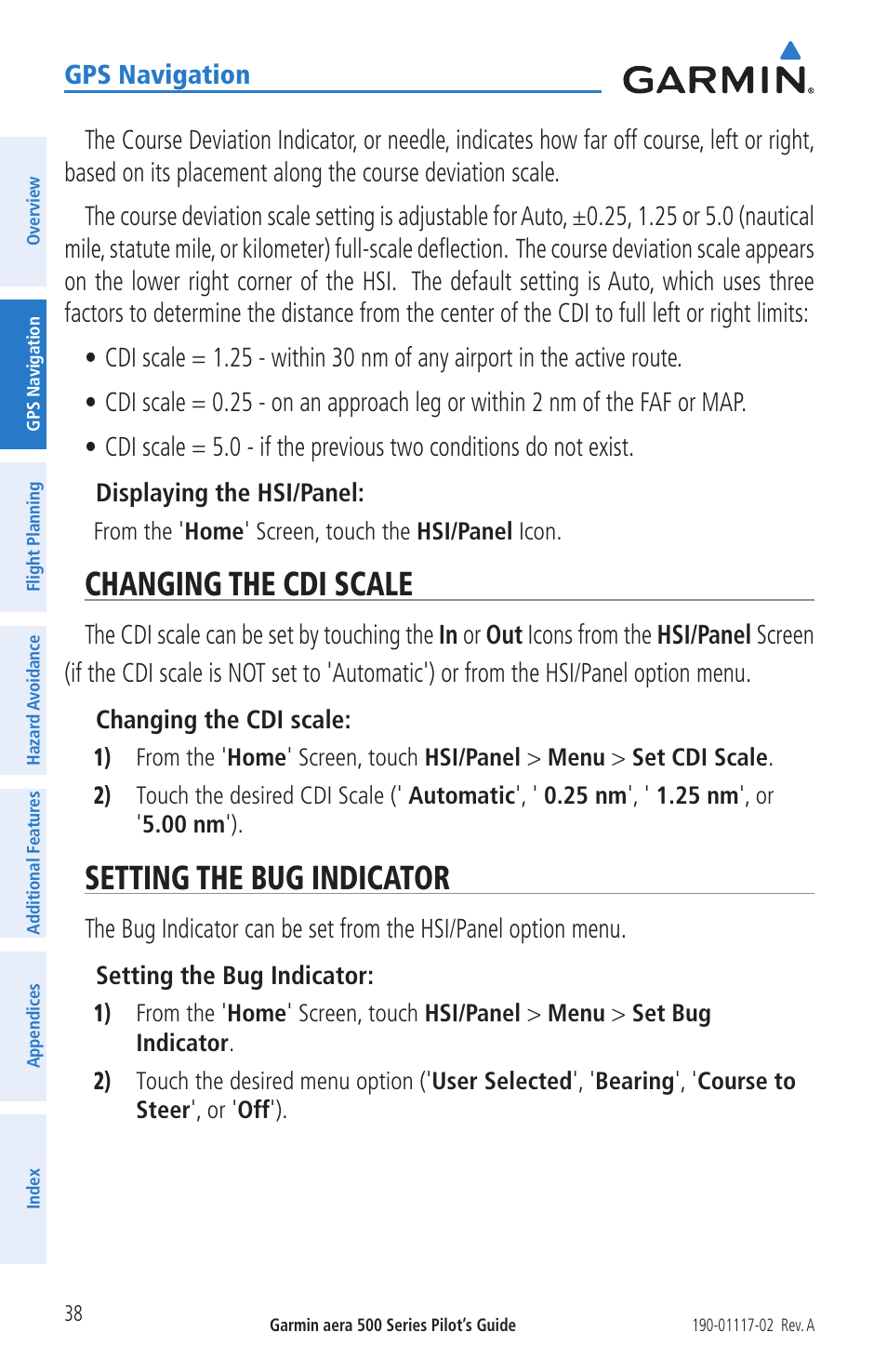 Changing the cdi scale, Setting the bug indicator, Changing the cdi scale setting the bug indicator | Garmin aera 500 User Manual | Page 50 / 202