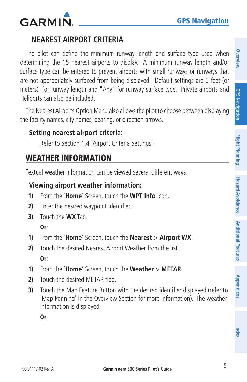 Weather information, Nearest airport criteria, Gps navigation | Garmin aera 500 User Manual | Page 63 / 202