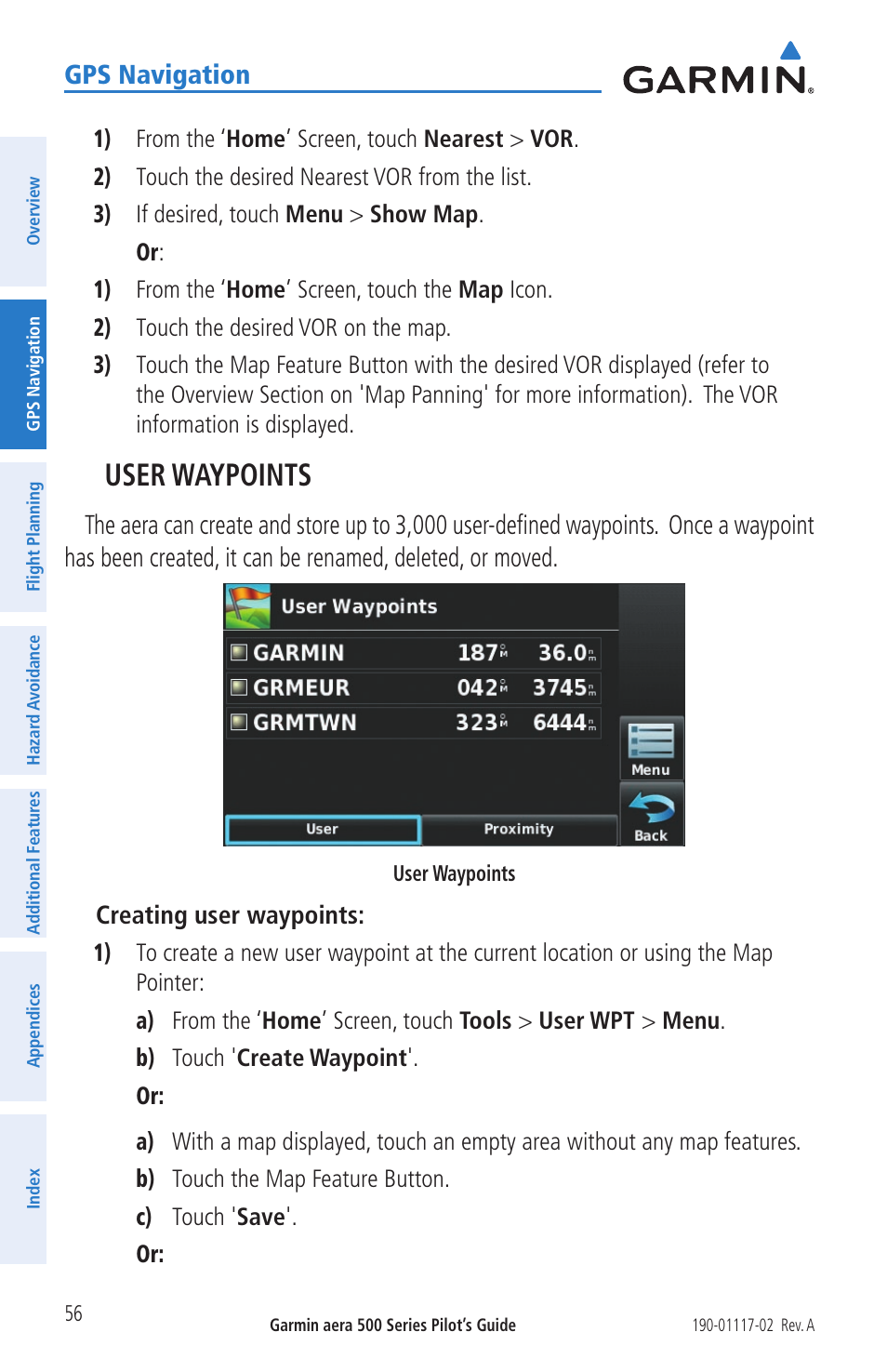 User waypoints, Gps navigation, Creating user waypoints | Garmin aera 500 User Manual | Page 68 / 202