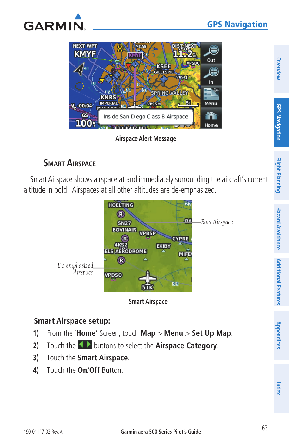 Gps navigation, Smart airspace setup | Garmin aera 500 User Manual | Page 75 / 202