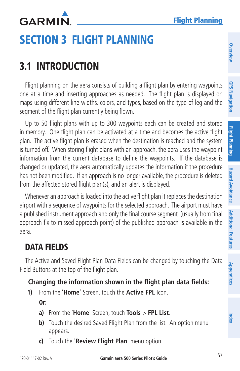 Section 3 flight planning, 1 introduction, Data fields | Garmin aera 500 User Manual | Page 79 / 202