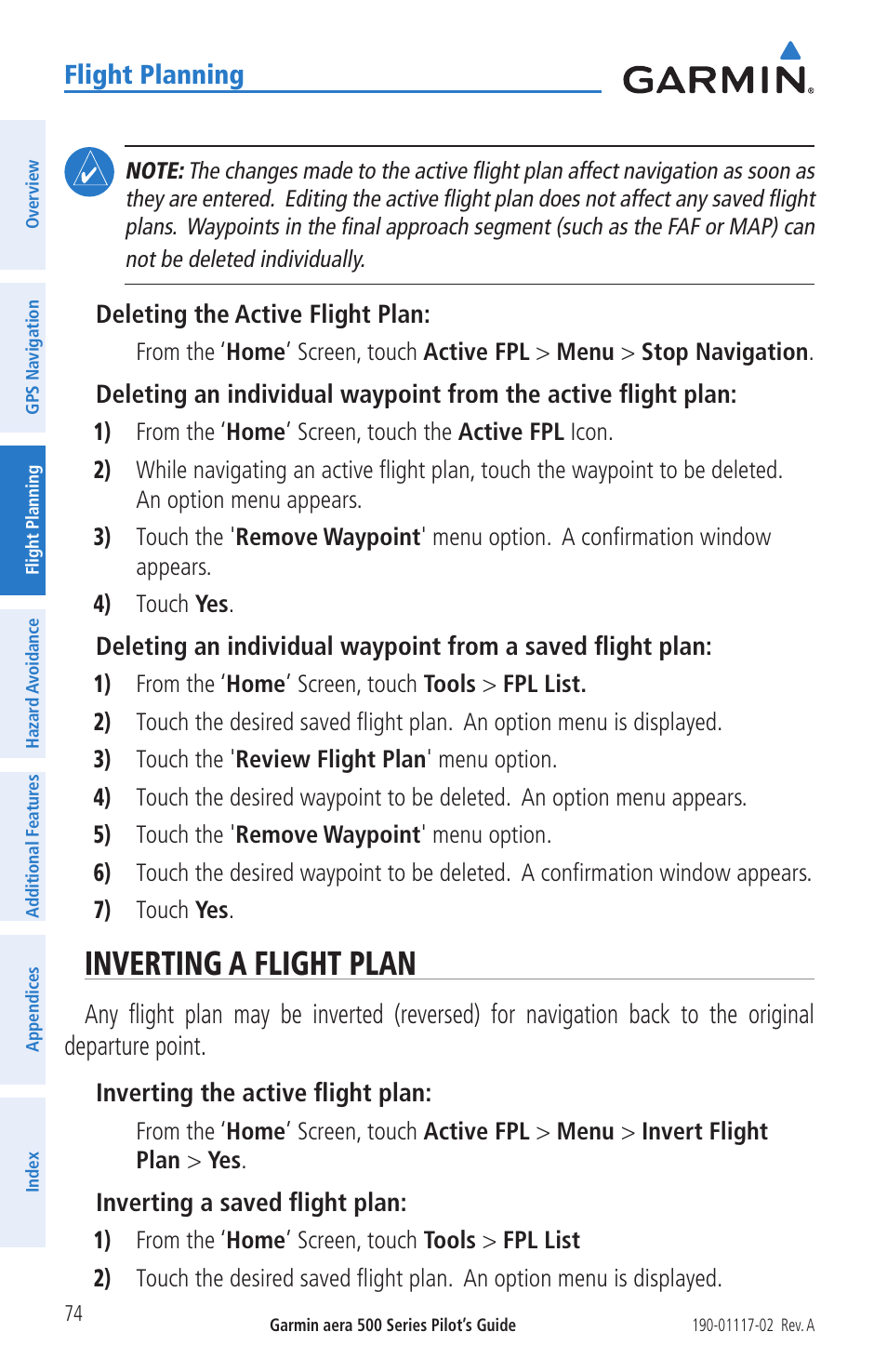 Inverting a flight plan, Flight planning | Garmin aera 500 User Manual | Page 86 / 202