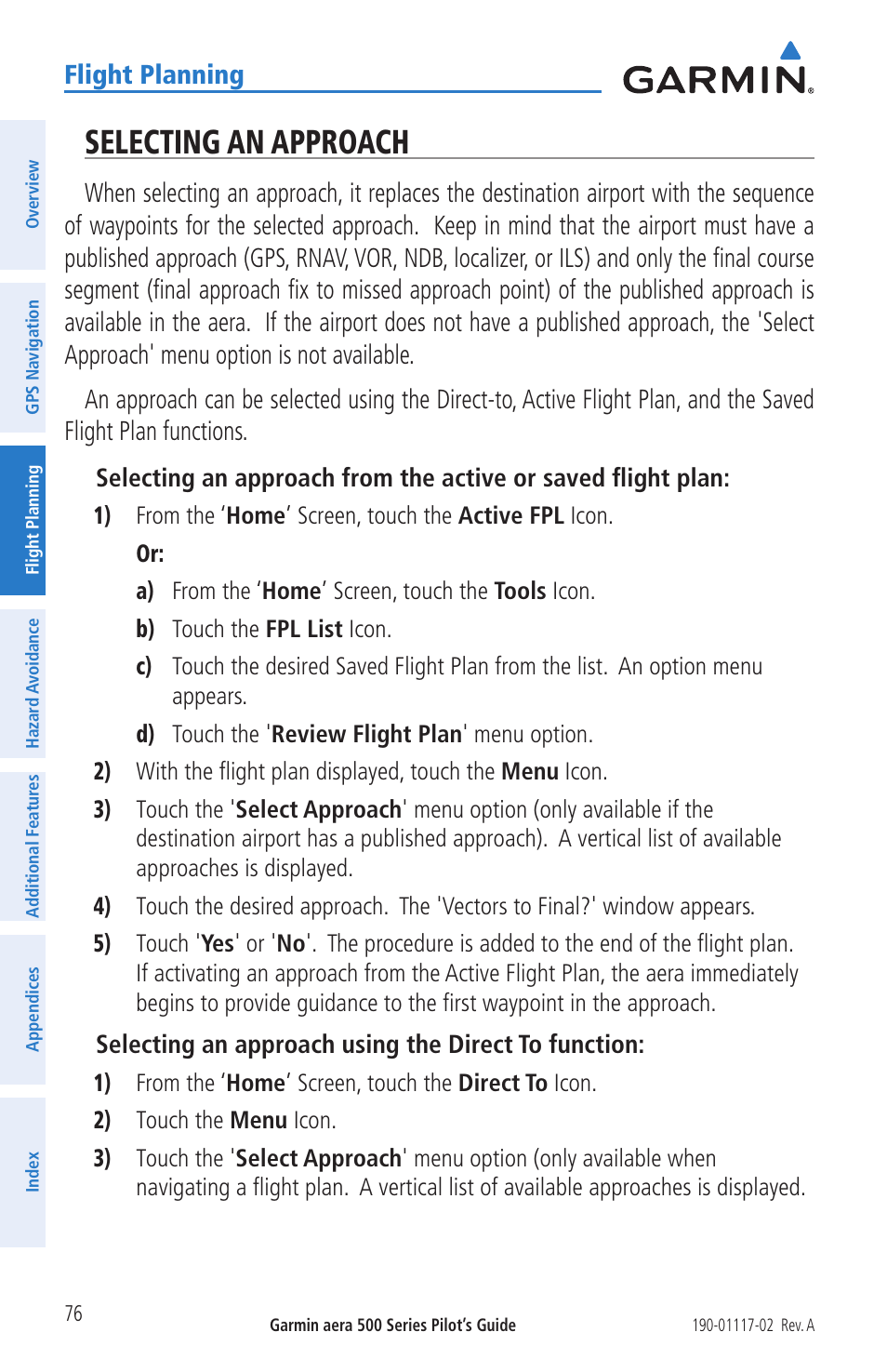 Selecting an approach, Flight planning | Garmin aera 500 User Manual | Page 88 / 202