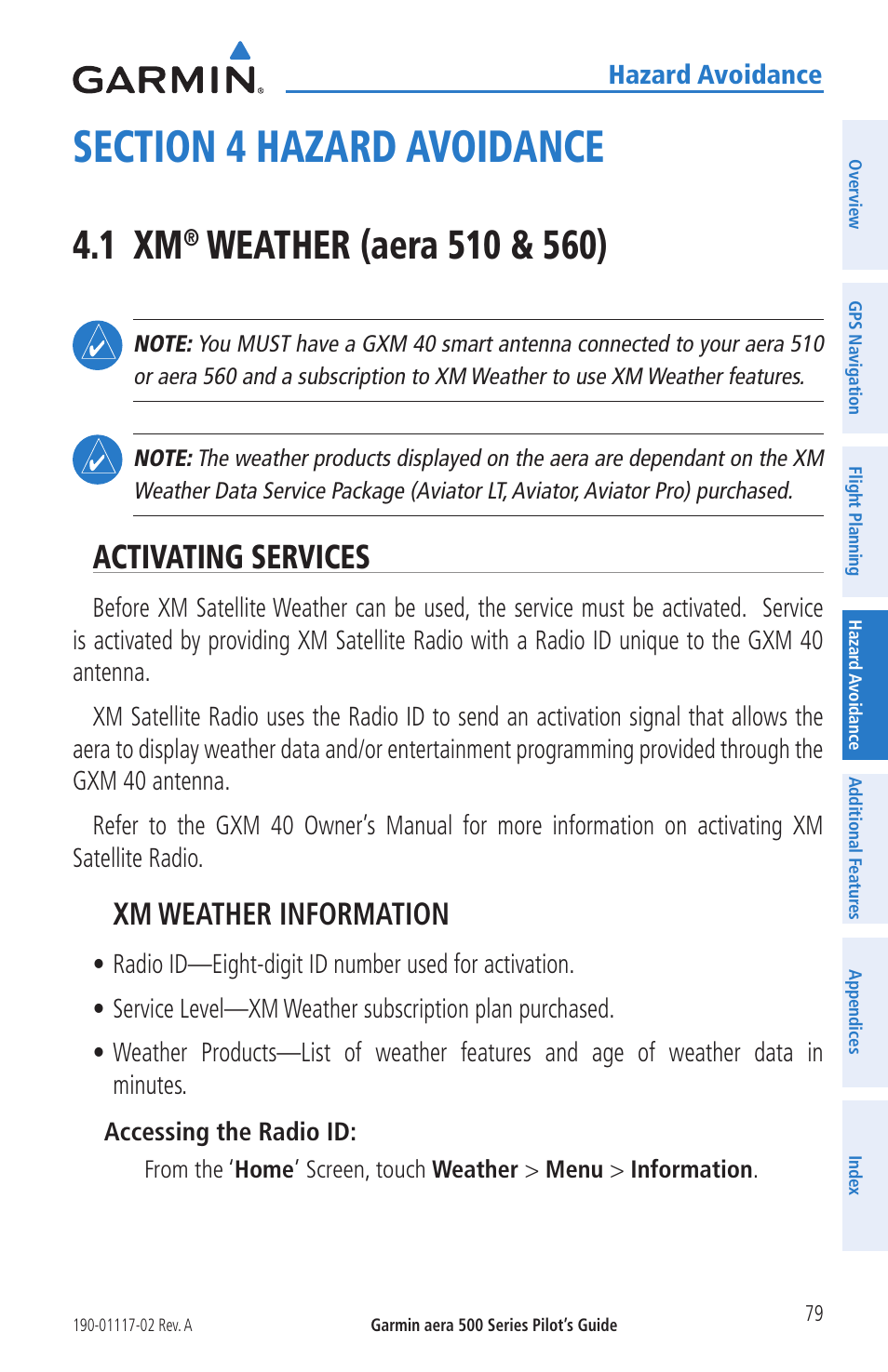 Section 4 hazard avoidance, 1 xm® weather (aera 510 & 560), Activating services | 1 xm, Weather (aera 510 & 560), Xm weather information | Garmin aera 500 User Manual | Page 91 / 202