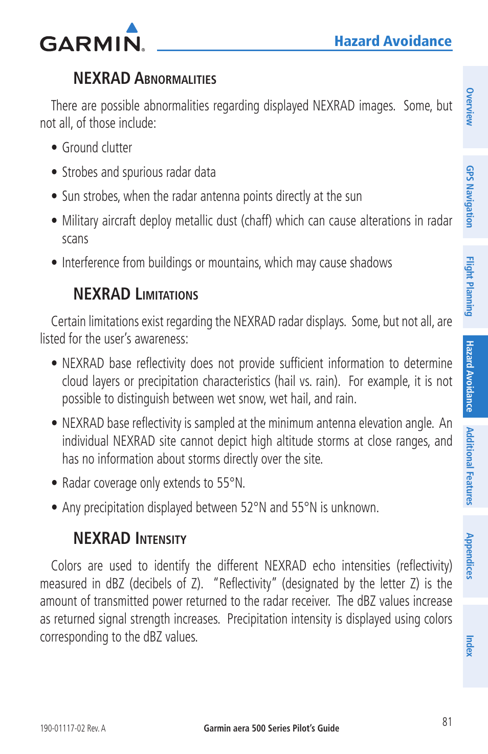 Nexrad a, Nexrad l, Nexrad i | Hazard avoidance | Garmin aera 500 User Manual | Page 93 / 202