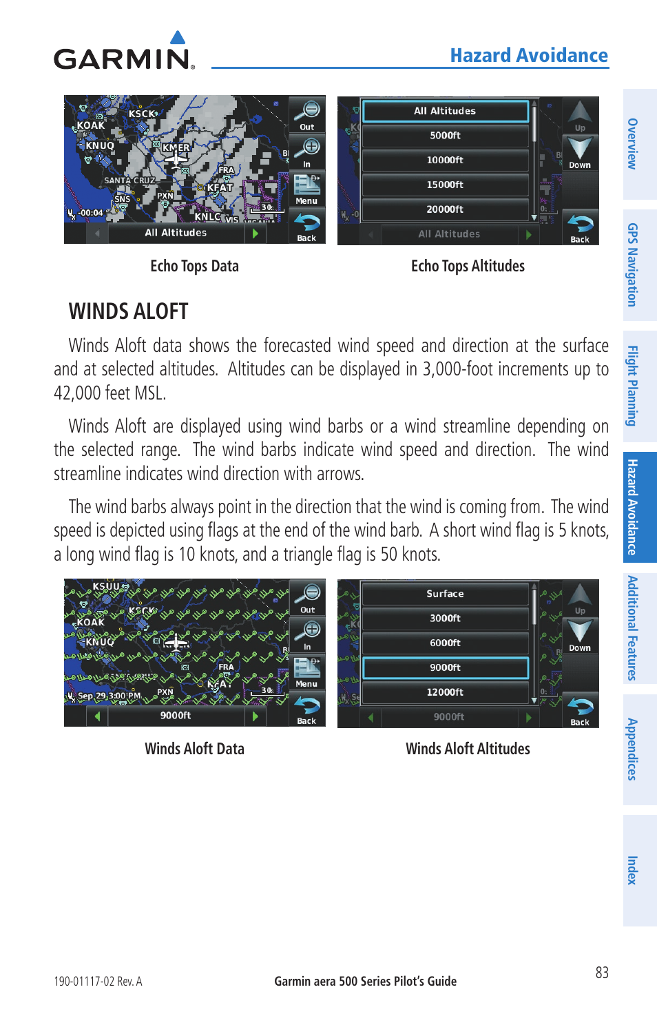 Winds aloft, Hazard avoidance | Garmin aera 500 User Manual | Page 95 / 202