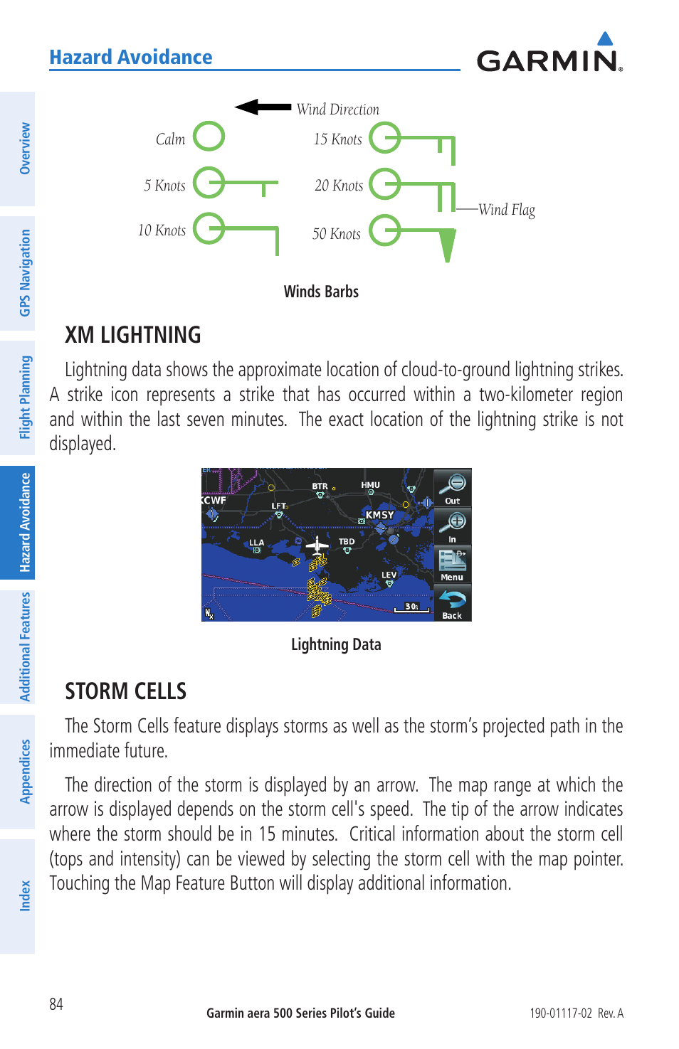 Xm lightning, Storm cells, Hazard avoidance | Garmin aera 500 User Manual | Page 96 / 202