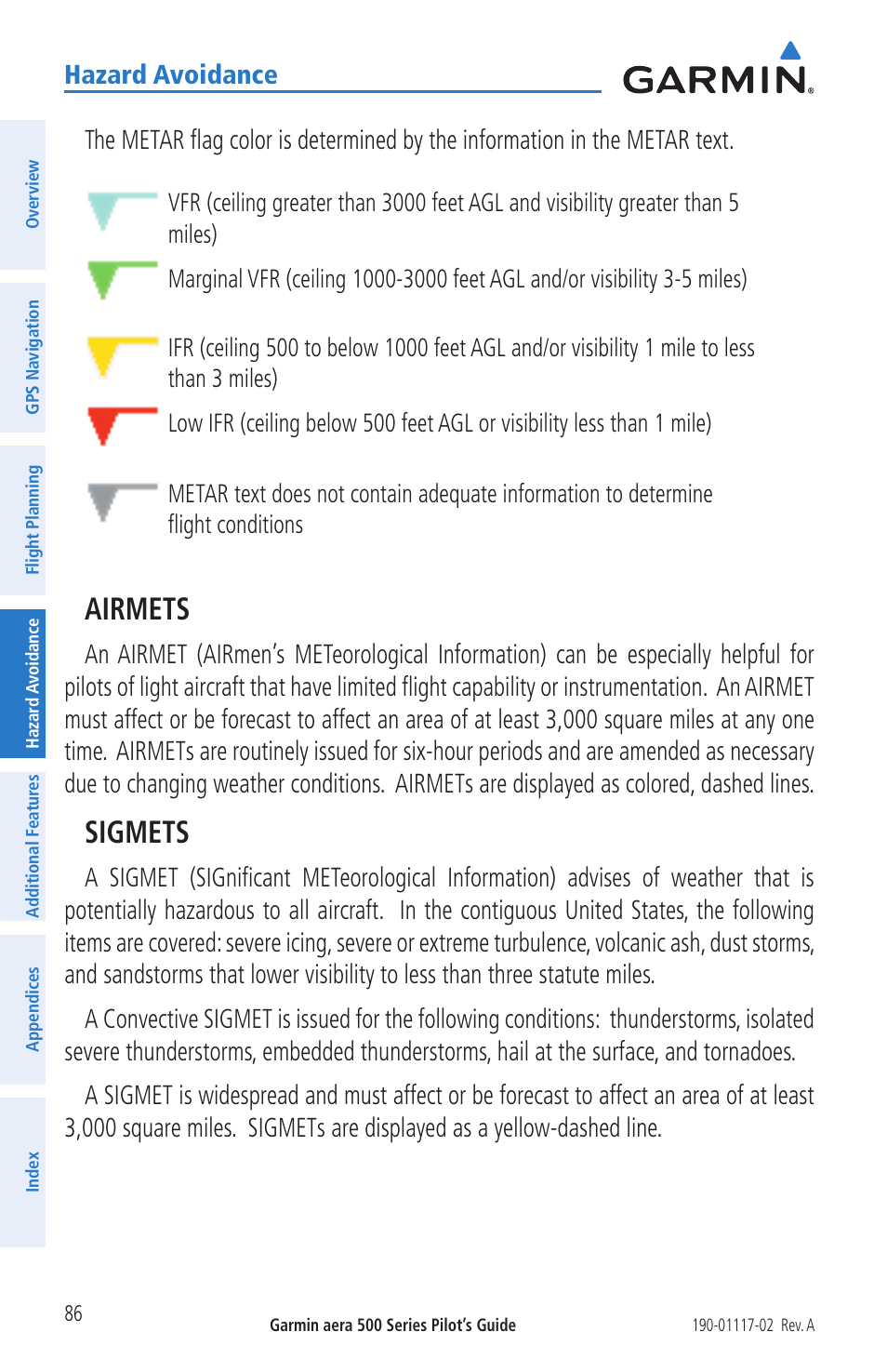 Airmets, Sigmets, Hazard avoidance | Garmin aera 500 User Manual | Page 98 / 202