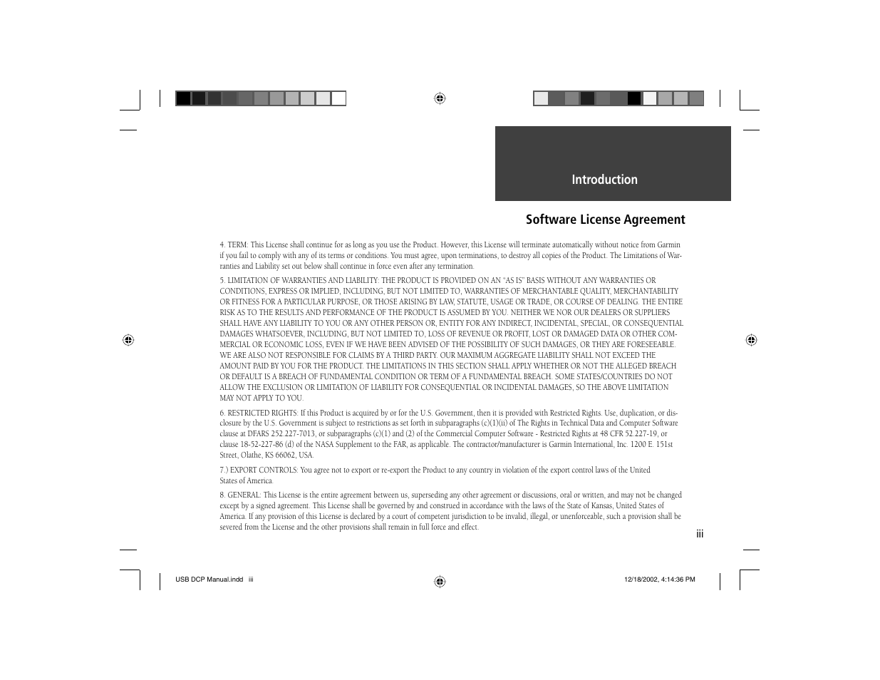 Introduction software license agreement | Garmin USB Data Card Programmer User Manual | Page 6 / 14