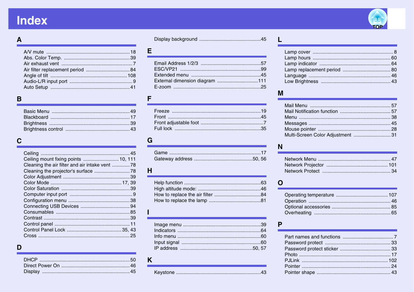 Index | Epson EB 1735W User Manual | Page 114 / 116