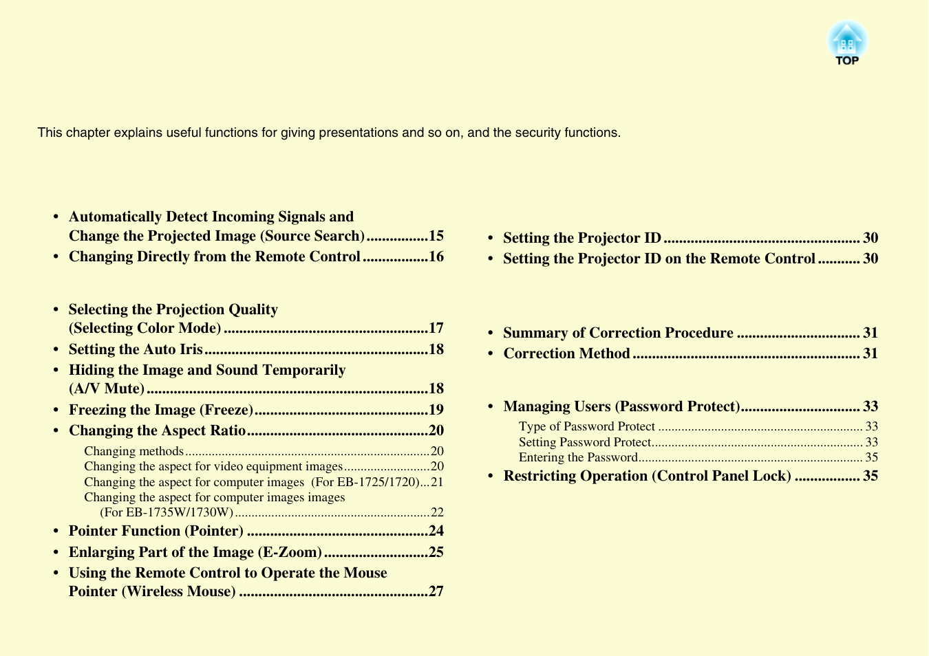 Useful functions | Epson EB 1735W User Manual | Page 14 / 116
