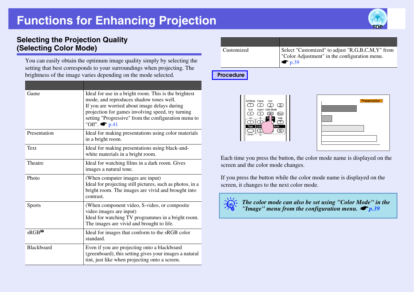 Functions for enhancing projection, P.17, Selecting the projection quality | Selecting color mode) | Epson EB 1735W User Manual | Page 17 / 116
