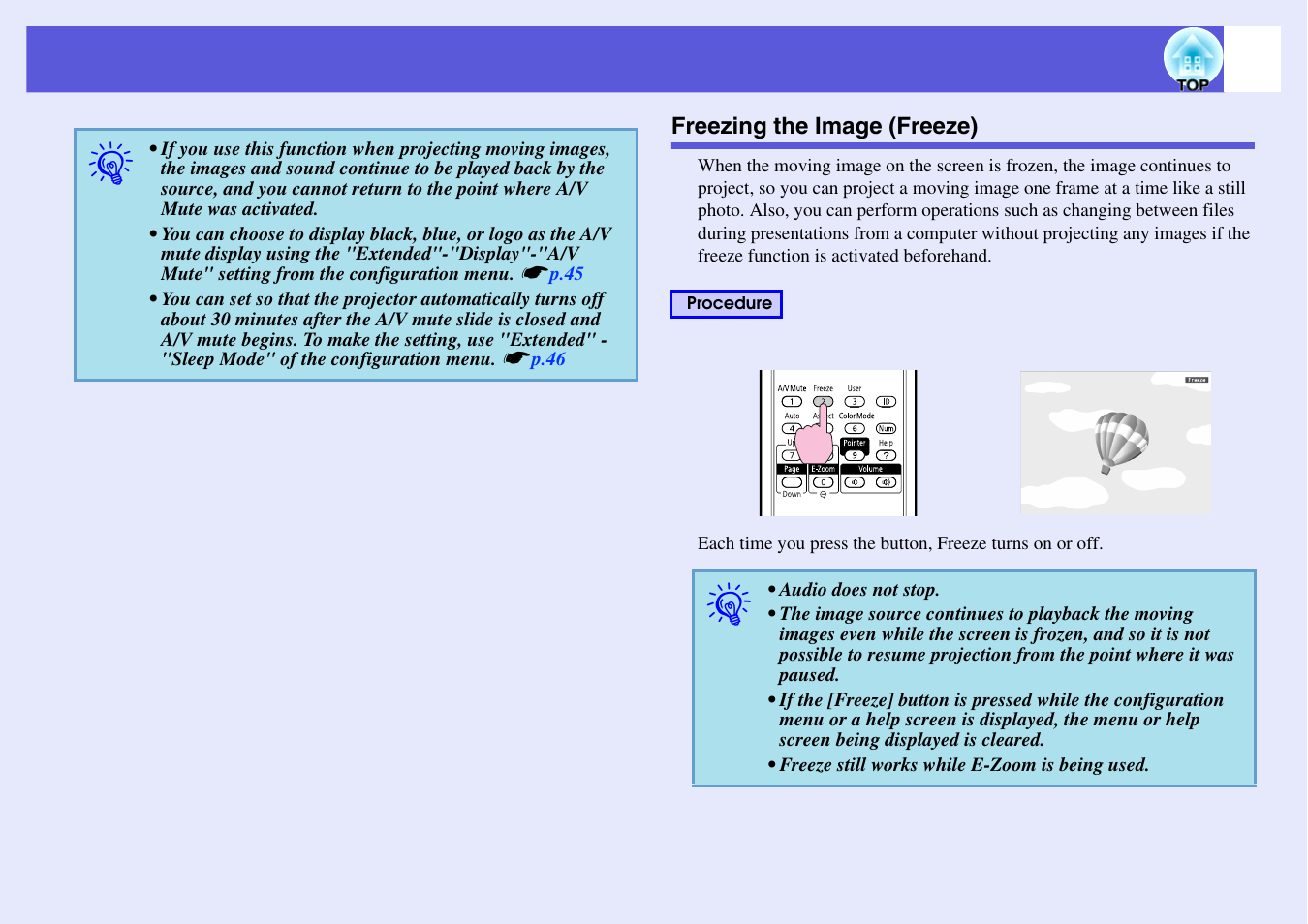 Freezing the image (freeze), P.19 | Epson EB 1735W User Manual | Page 19 / 116