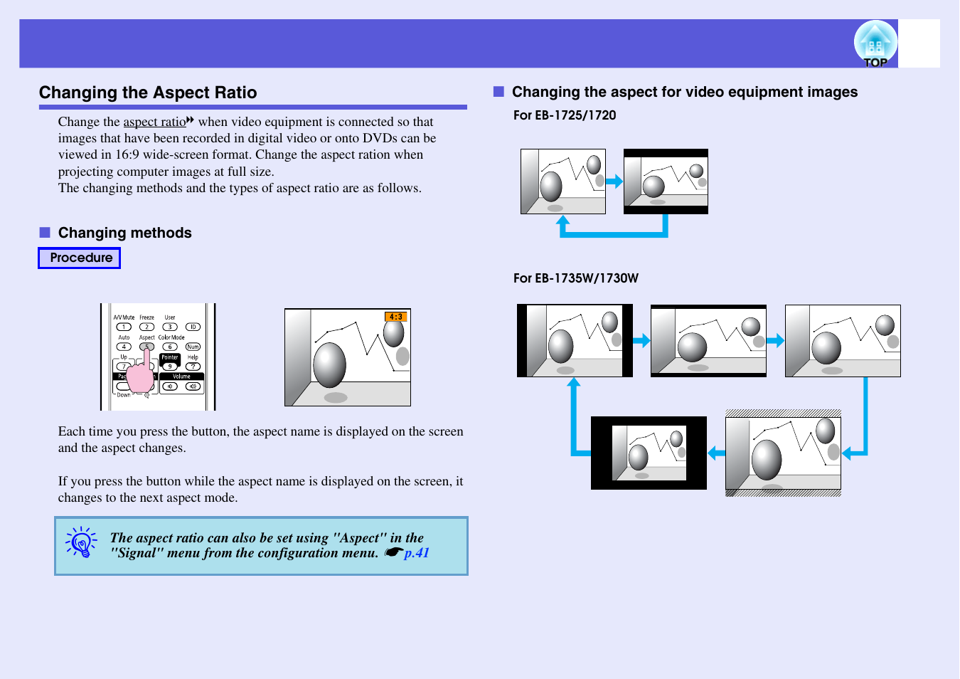 Changing the aspect ratio, P.20 | Epson EB 1735W User Manual | Page 20 / 116