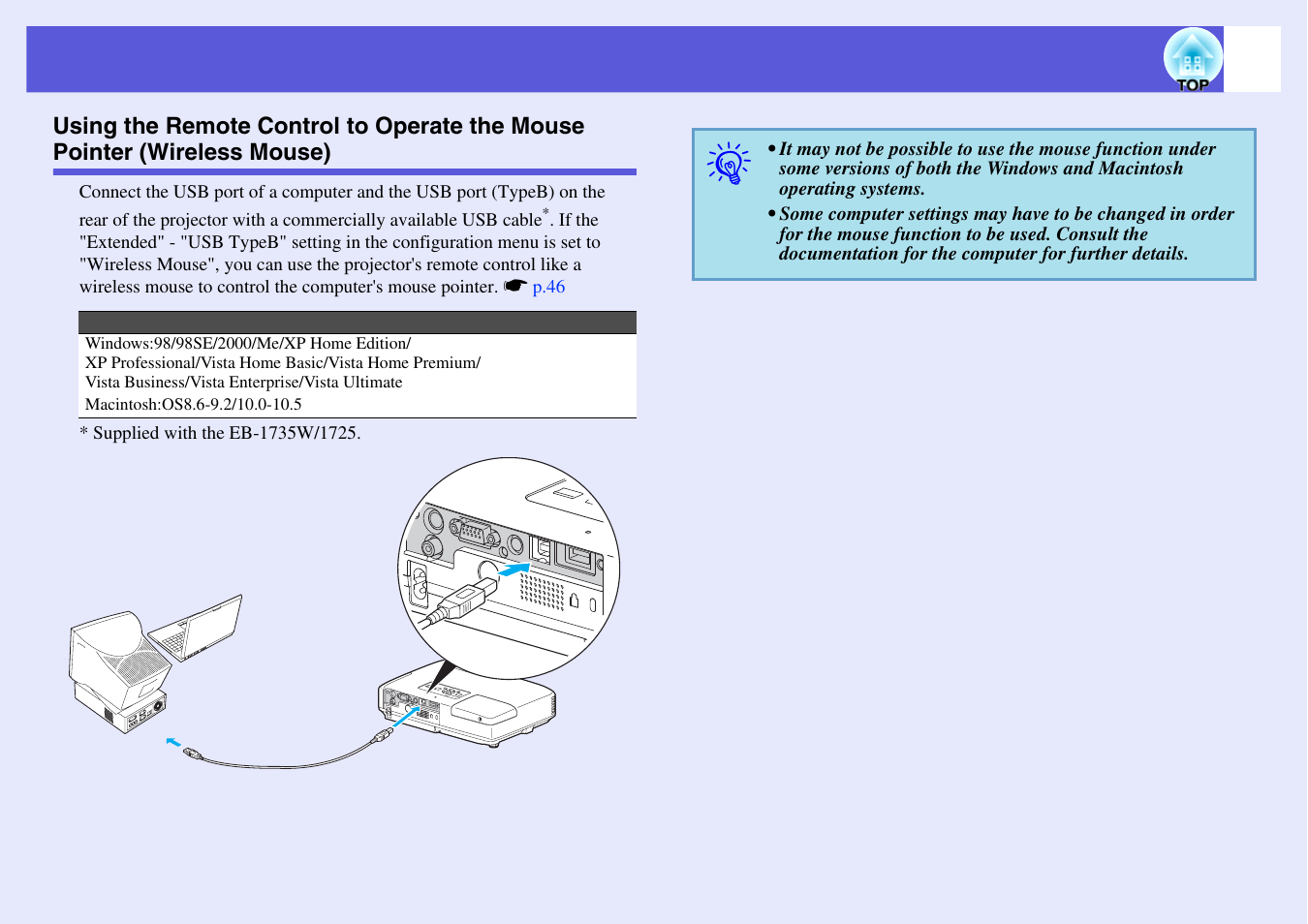 Use function. s, P.27, Using the remote control to operate the mouse | Pointer (wireless mouse) | Epson EB 1735W User Manual | Page 27 / 116