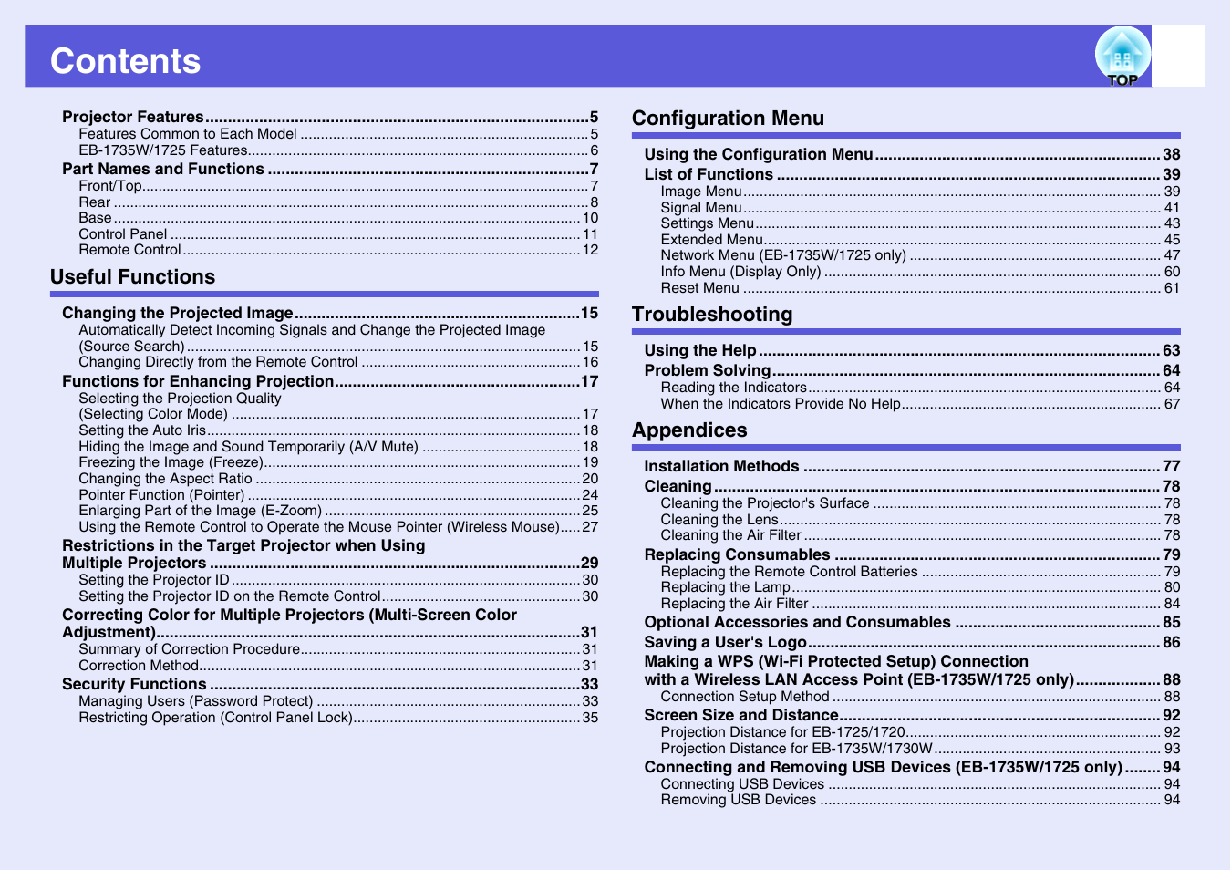 Epson EB 1735W User Manual | Page 3 / 116