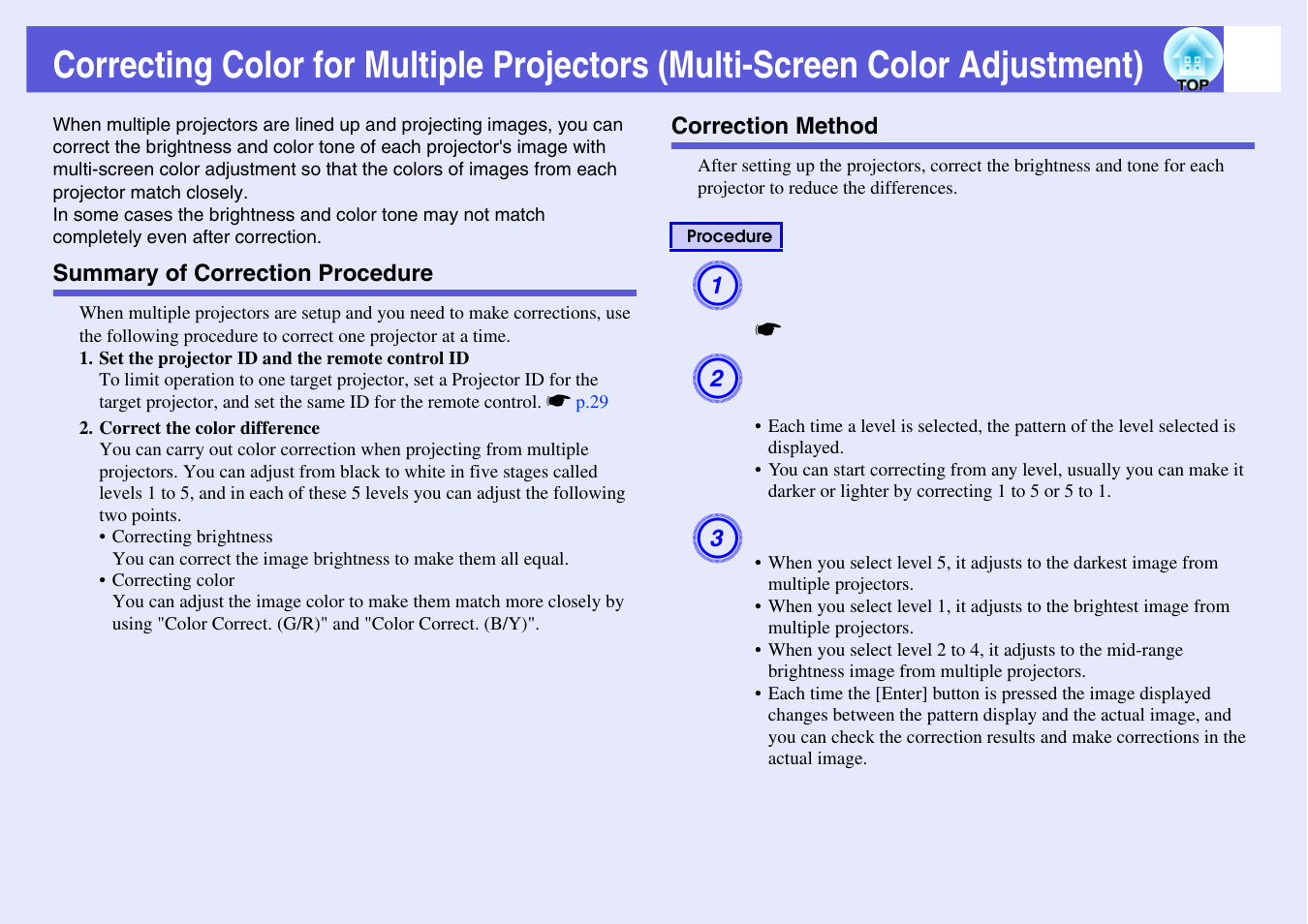 Summary of correction procedure, Correction method, Summary of correction procedure correction method | Epson EB 1735W User Manual | Page 31 / 116
