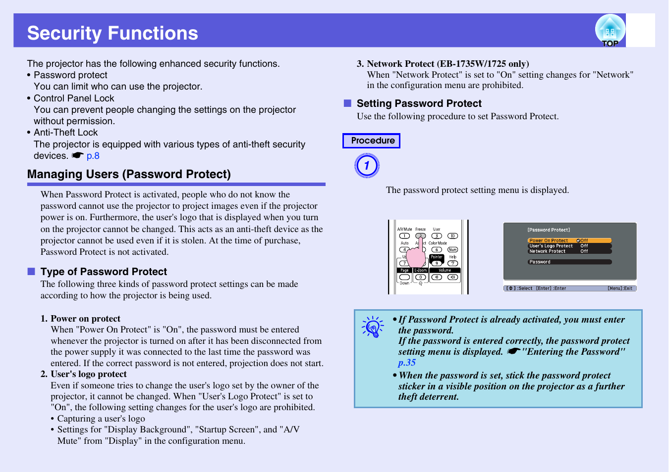 Security functions, Managing users (password protect), P.33 | Control id. s, Type of password protect setting password protect | Epson EB 1735W User Manual | Page 33 / 116