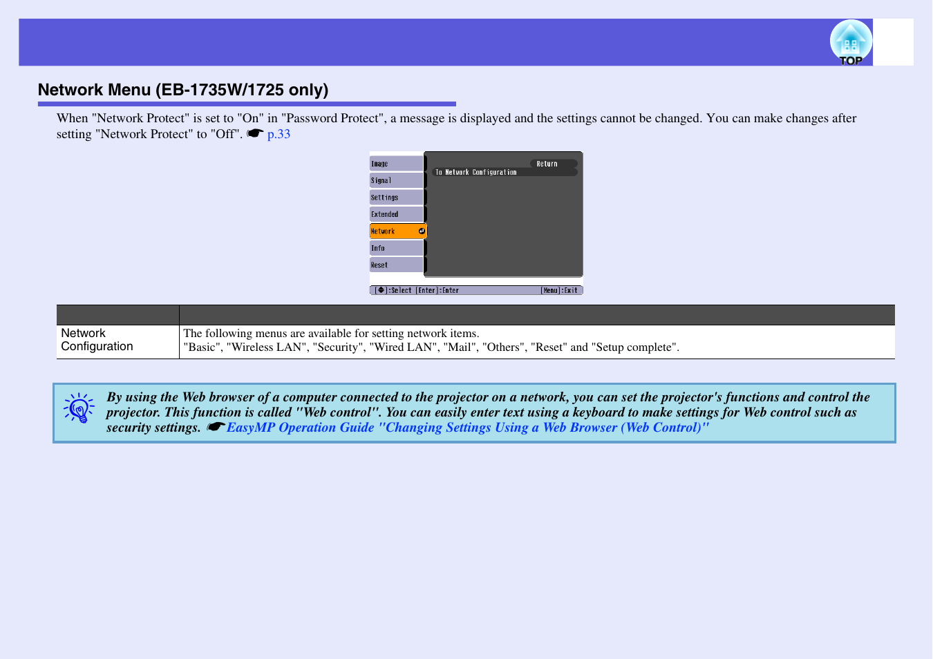 Network menu (eb-1735w/1725 only) | Epson EB 1735W User Manual | Page 47 / 116