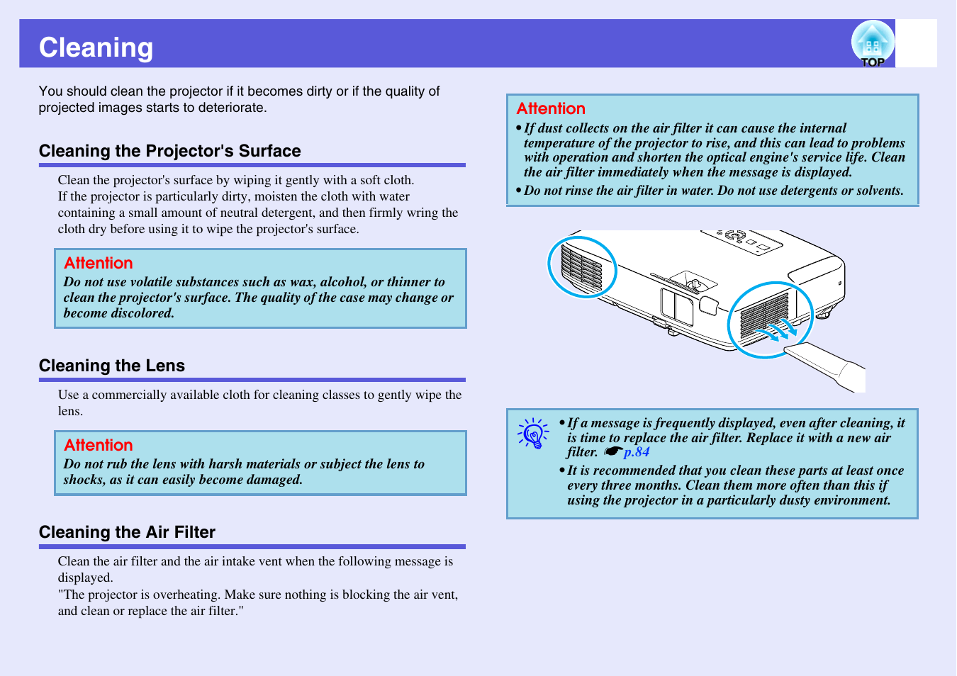 Cleaning, Cleaning the projector's surface, Cleaning the lens | Cleaning the air filter, Er. s, P.78 | Epson EB 1735W User Manual | Page 78 / 116