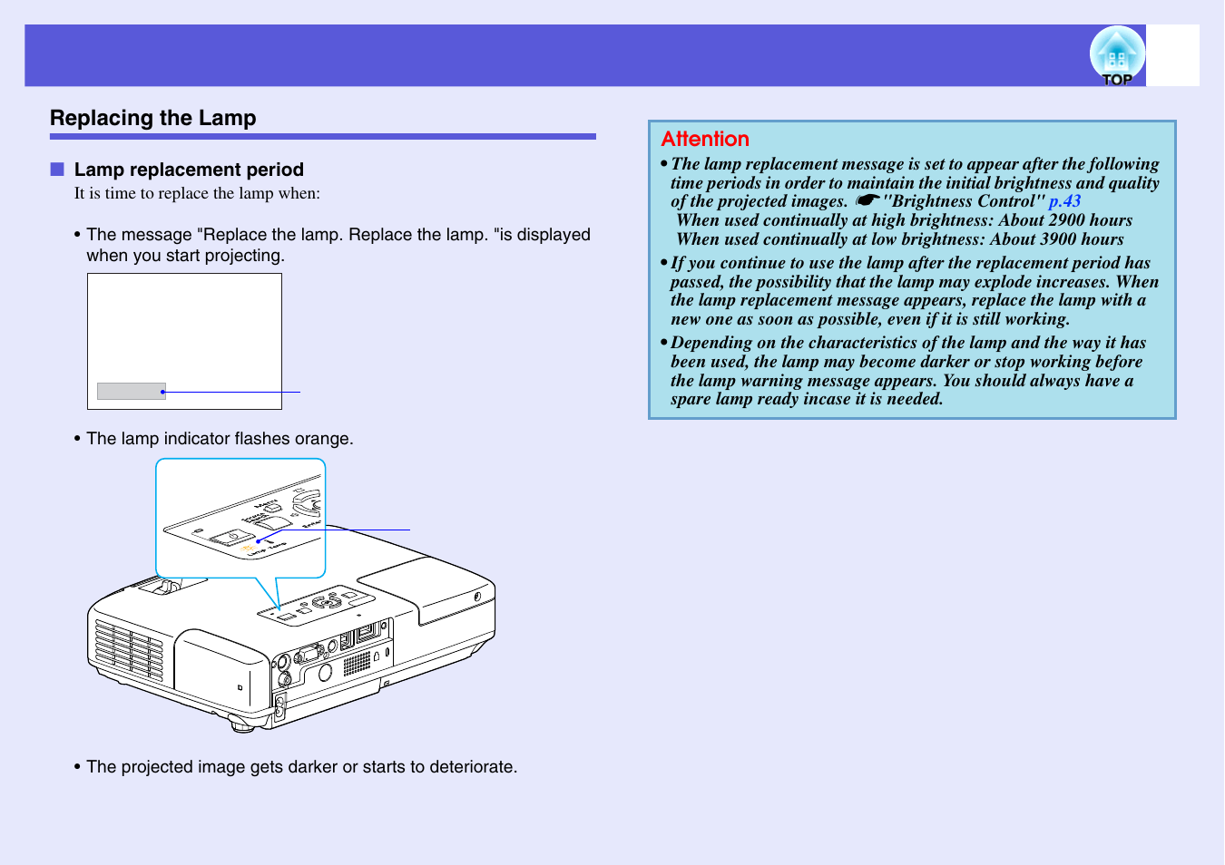 Replacing the lamp, P.80, Lamp replacement period | Epson EB 1735W User Manual | Page 80 / 116