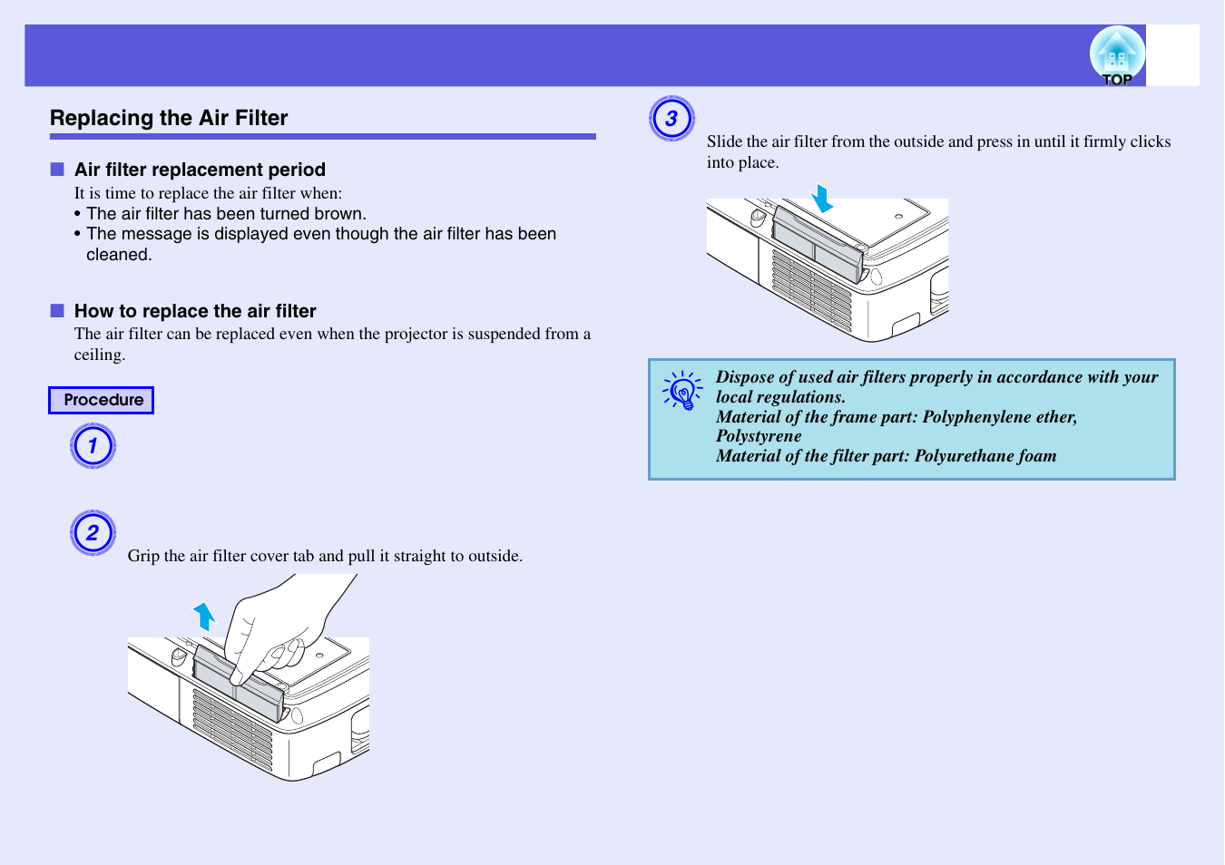 Replacing the air filter, P.84 | Epson EB 1735W User Manual | Page 84 / 116