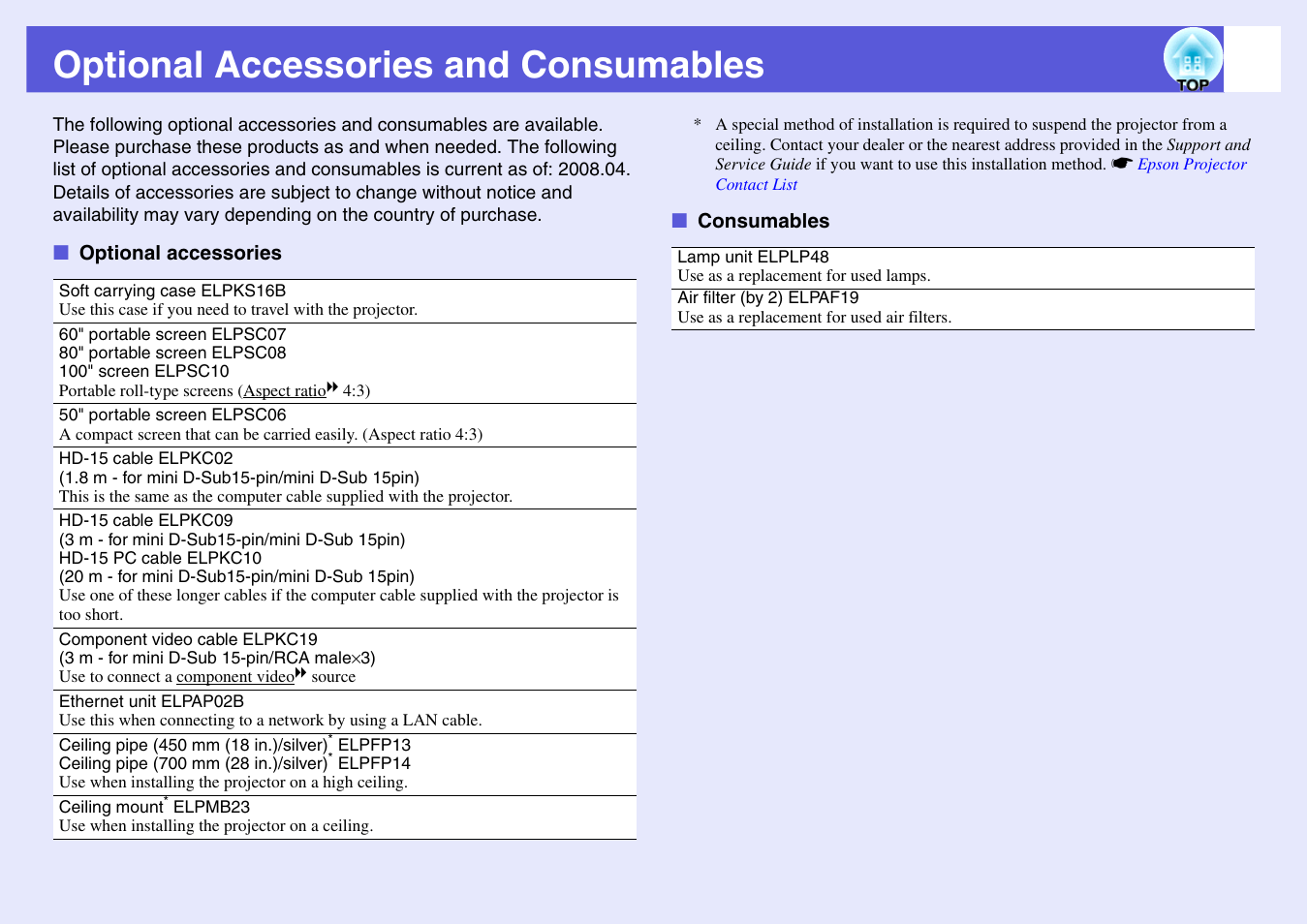 Optional accessories and consumables, Optional accessories consumables, P.85 | Epson EB 1735W User Manual | Page 85 / 116