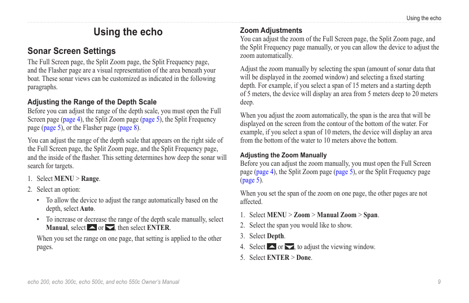 Using the echo, Sonar screen settings | Garmin 500c User Manual | Page 13 / 28