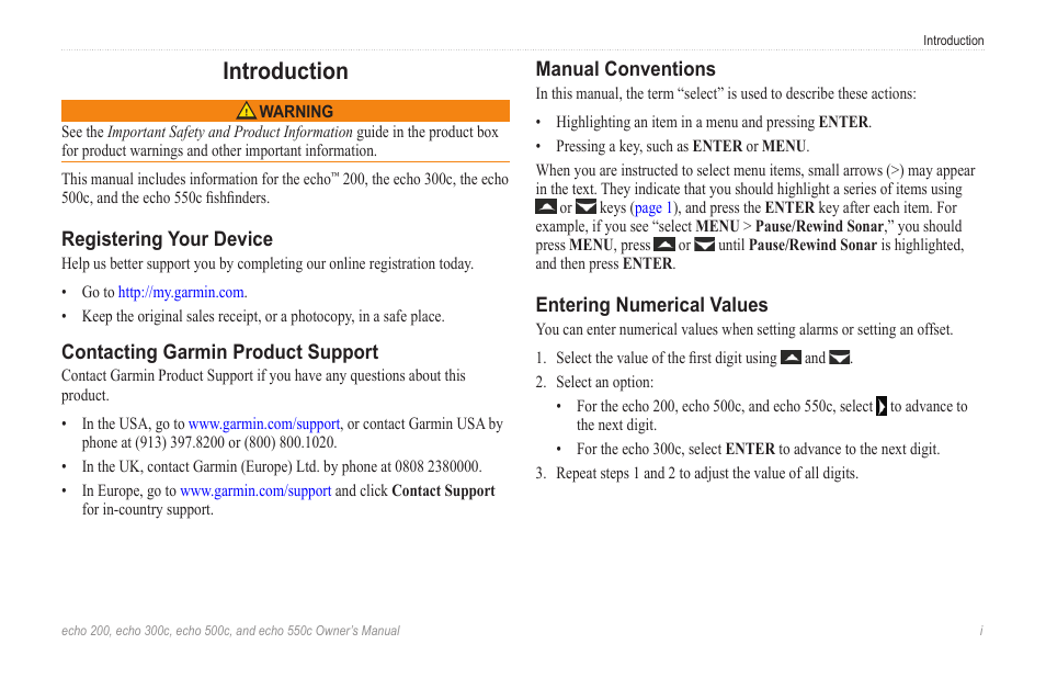 Introduction, Registering your device, Contacting garmin product support | Manual conventions, Entering numerical values | Garmin 500c User Manual | Page 3 / 28