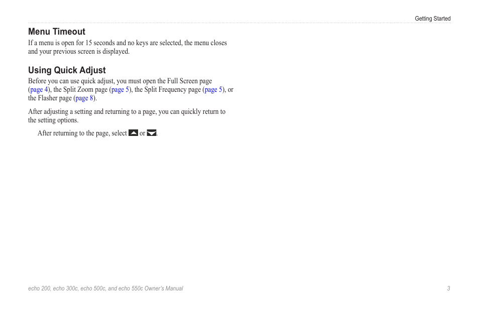 Menu timeout, Using quick adjust | Garmin 500c User Manual | Page 7 / 28