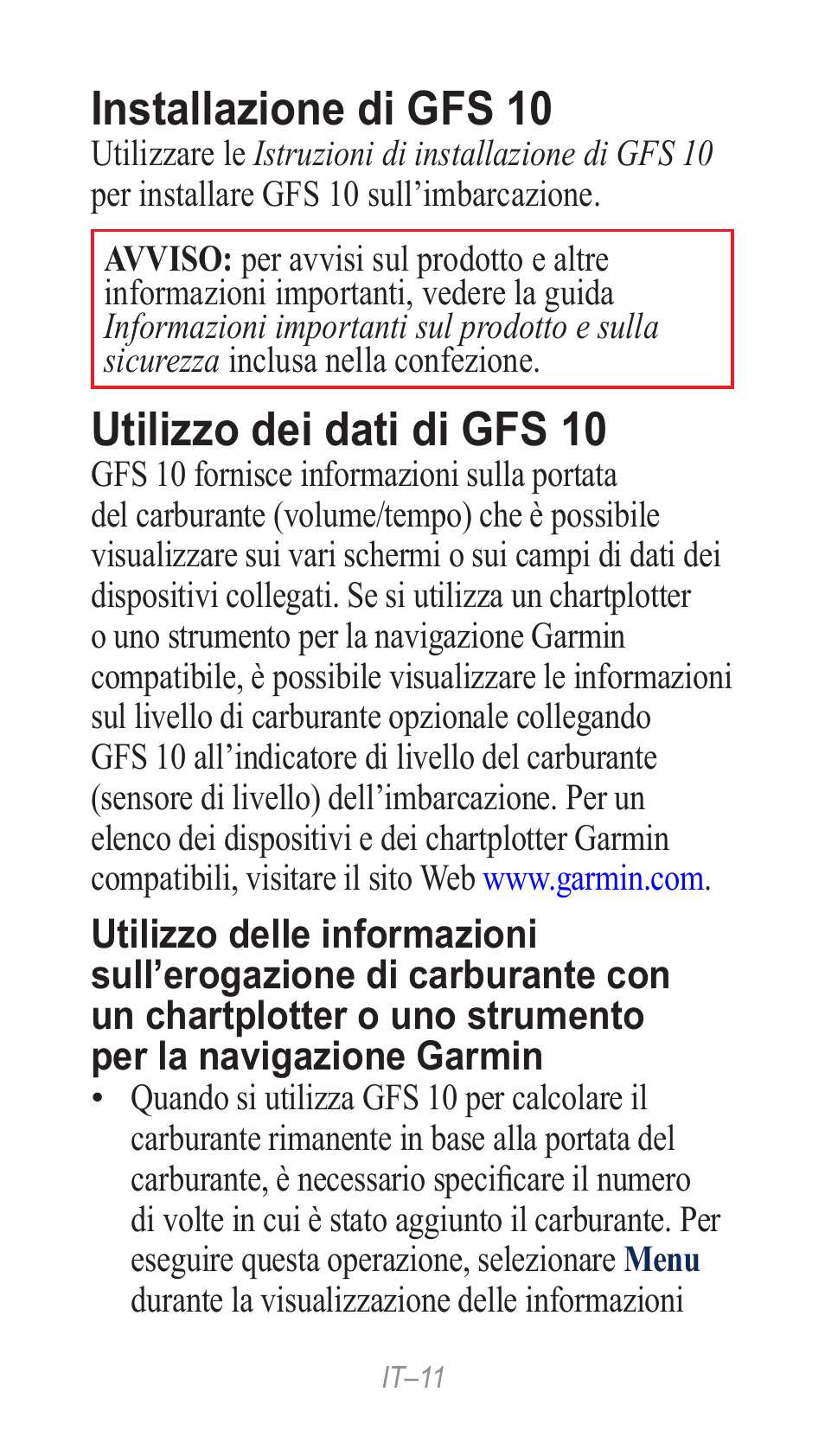Italiano, Installazione di gfs 10, Utilizzo dei dati di gfs 10 | Garmin GFS 10 User Manual | Page 11 / 24