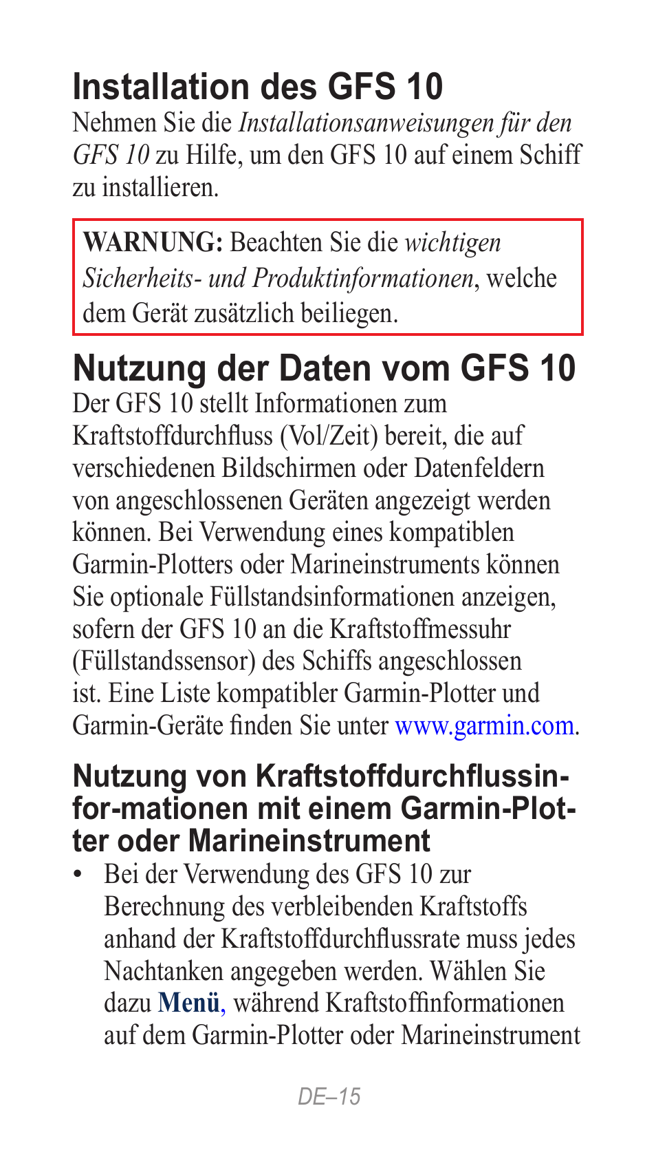 Deutsch, Installation des gfs 10, Nutzung der daten vom gfs 10 | Garmin GFS 10 User Manual | Page 15 / 24