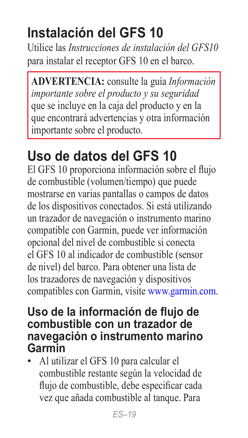 Español, Instalación del gfs 10, Uso de datos del gfs 10 | Garmin GFS 10 User Manual | Page 19 / 24